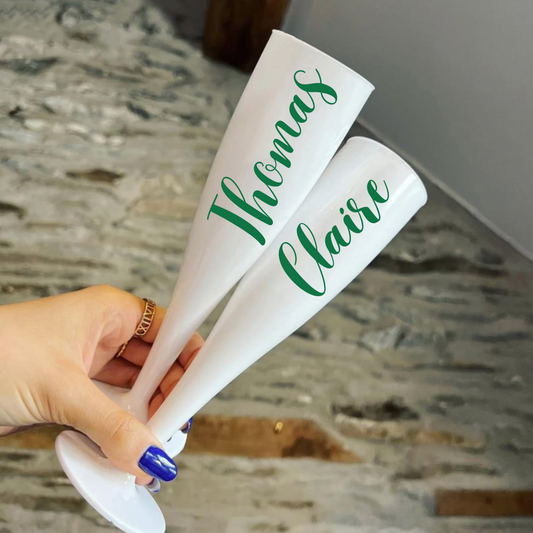 Personalised Plastic Champagne Flutes – Custom Wedding or Party Glasses